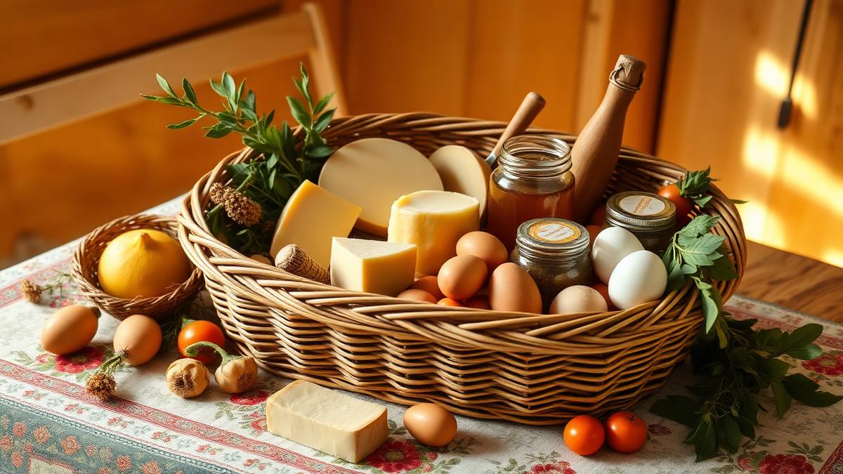 Coș de nuiele plin cu brânză, ouă, miere, borcane și legume, pe o masă cu ștergar tradițional