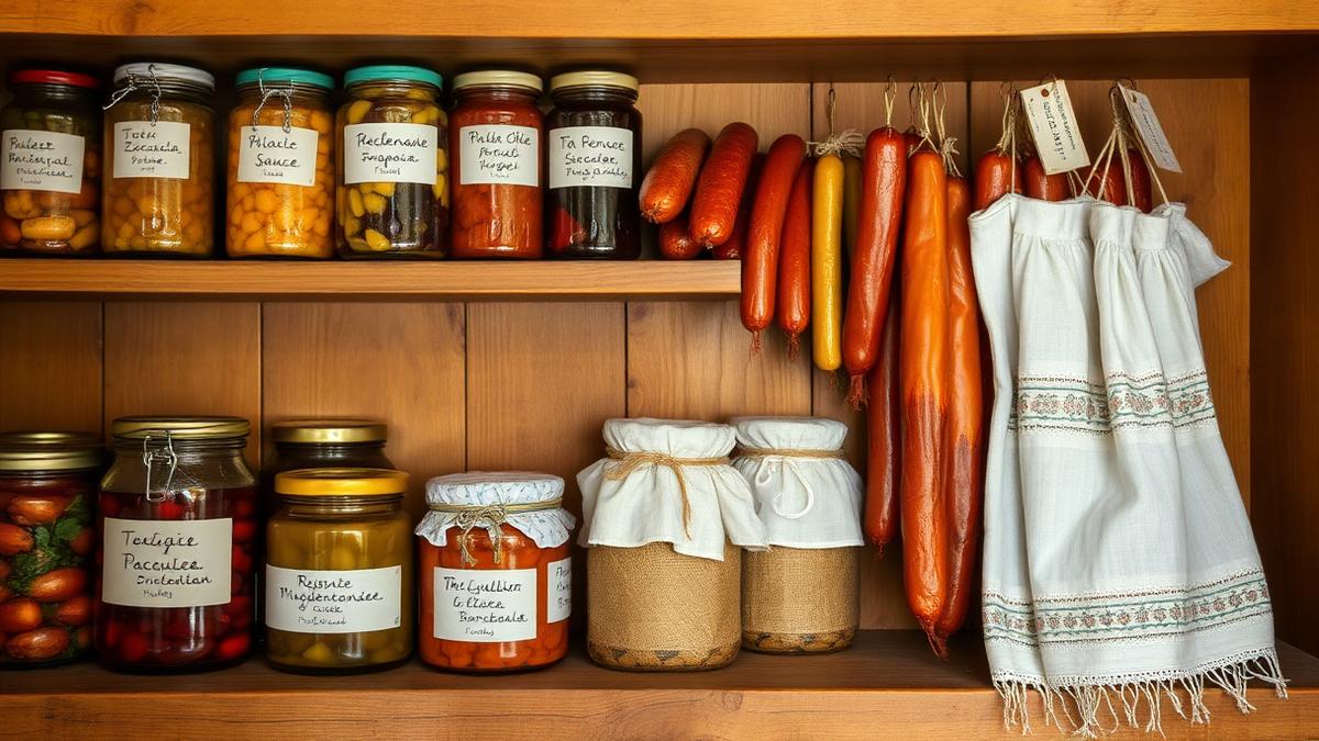 Rafturi cu borcane de zacuscă, dulcețuri, murături și mezeluri de casă